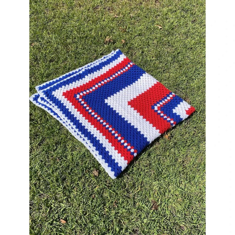 Afghan Crochet 63x58 Red White Blue Fourth Of July Patriotic Throw Blanket